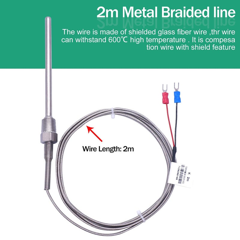 Twidec /2M NPT 1/4" inch (6X100MM) Pipe Thread Temperature Sensor Probe Two Wire Temperature Controller (0~600℃) 304 Stainless Steel K Type Thermocouple MT-205-1/4 - Image 4